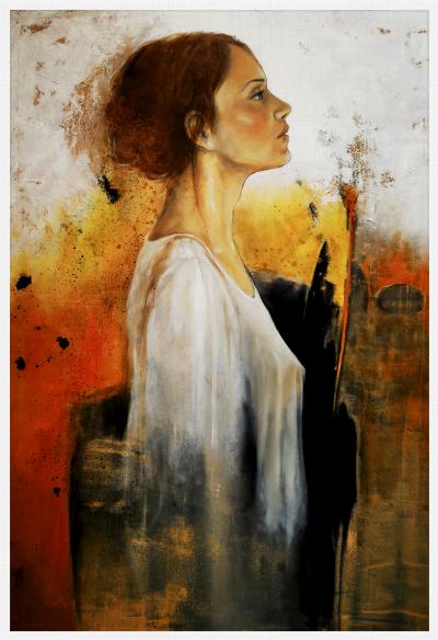"Słaba, ale udźwignie", olej na pł&oacute;tnie 100x70cm
Obraz inspirowany wierszem Wisławy Szymborskiej pt."Portret kobiecy"